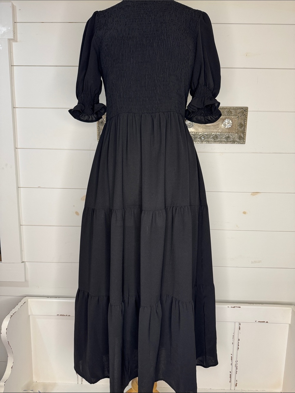 Black Smocked Midi Dress with Puff Sleeves